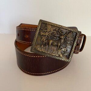 Adezy Denver 1975 Buck Deer Belt Buckle Brown Leather Belt 36